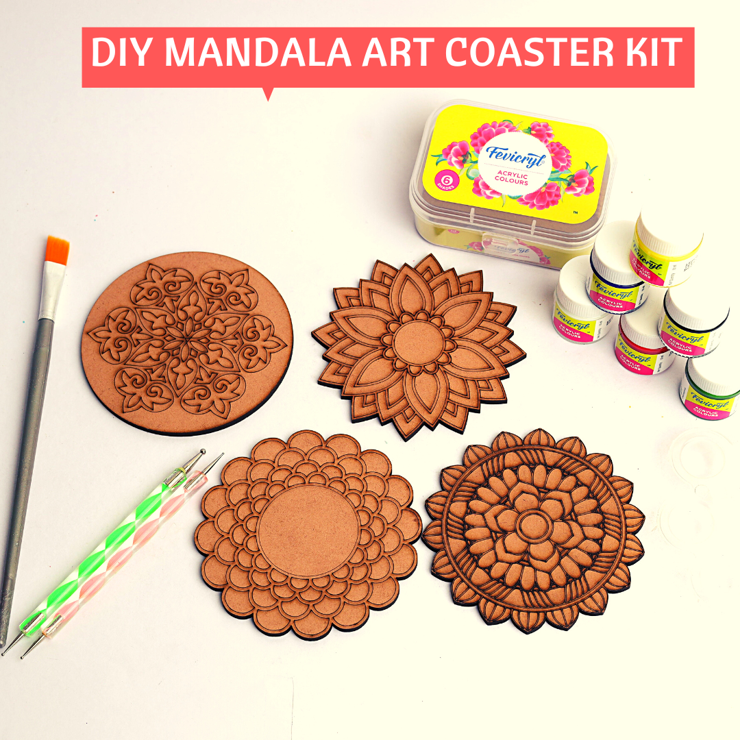 Qroof Mandala Art Kit 4 Coasters With Stand Dot Mandala Art Tools Kit A  Combo Pack